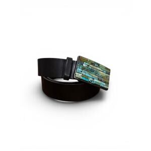 Streets Ahead Vintage Turquoise Mosaic Inlay Black Leather Belt Size M
